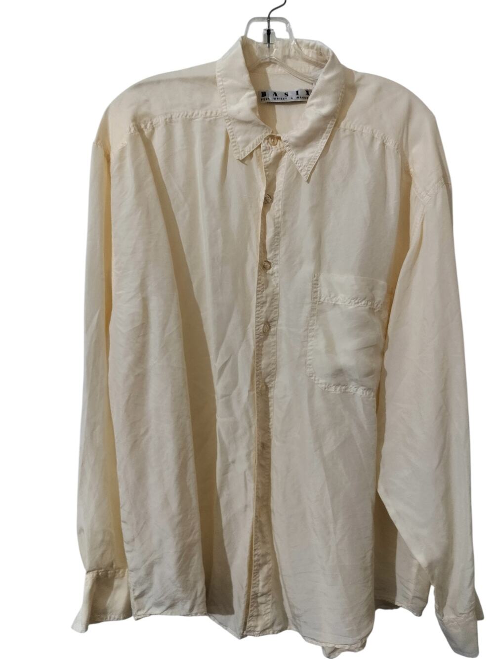 5978)Vtg 90s Basix Silk Minimalist Luxury Long Sleeve Button Up Shirt Ivory L